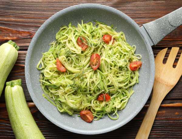 Zucchini noodles with tomatoes in a skillet  